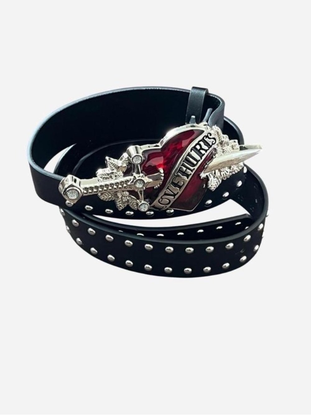 Source Unknown Black Studded Belt with Red Heart Sword Buckle